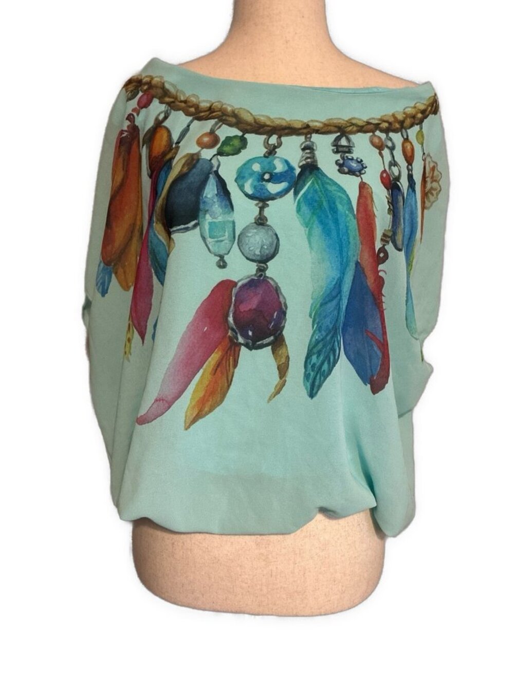 Women’s Made in Italy Boho Blue Feather Print Batwing Dolman Blouse Top One Size